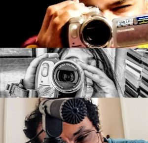 Foto montagem com três pessoas olhando através de visores de máquinas fotográficas acompanha relato do professor Alexandre Freitas para a Memória Popular da Pandemia. Relato aborda as dificuldades enfrentadas por ele, seus filhos e estudantes com o fim das aulas presenciais.